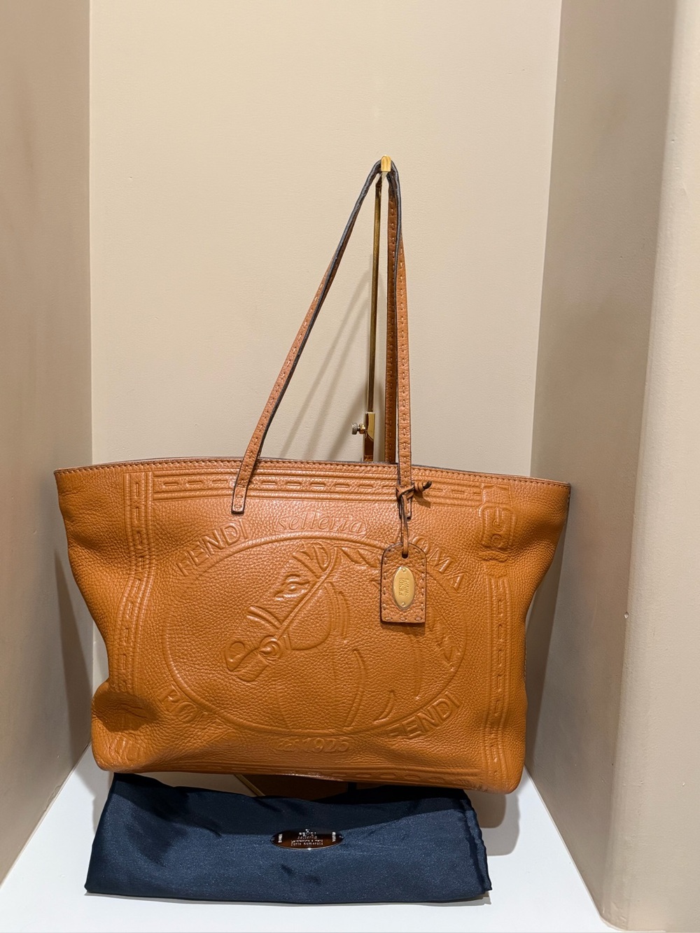 Fendi Selleria Cognac Embossed Leather Tote w/original dustbag